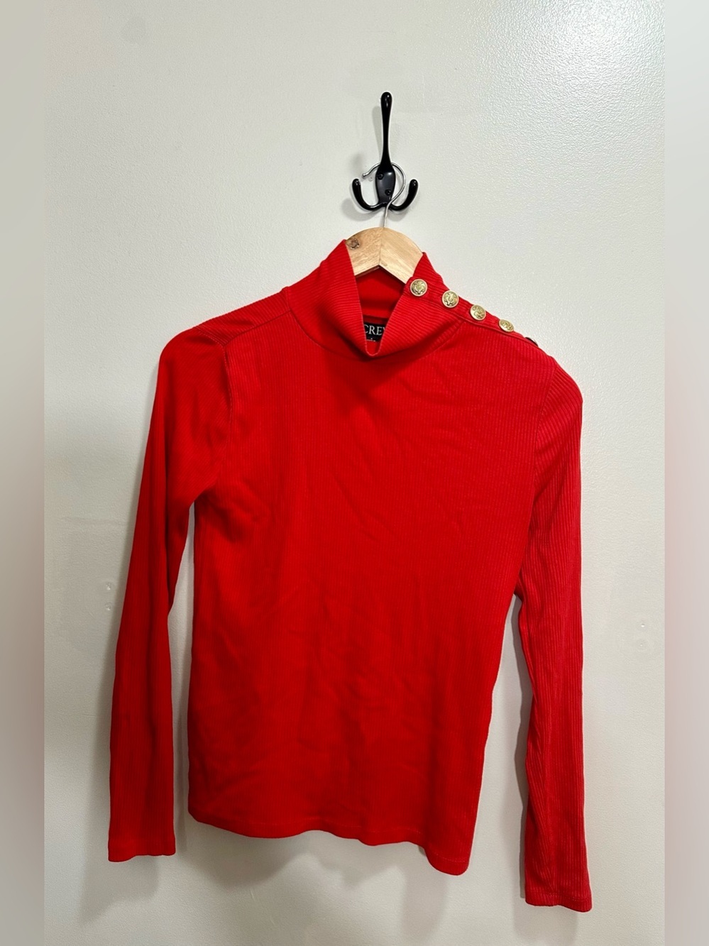 J.Crew Red Ribbed Turtleneck Gold Shoulder Buttons Size S